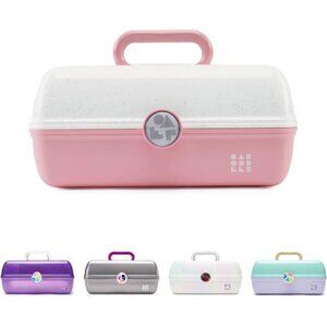 Pink Travel Makeup Organizer Box with Mirror Storage Tray Cosmetic Case